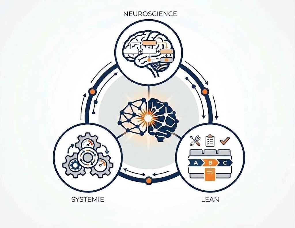 Schéma : neurosciences, systémie et lean reliés autour d'un même point d'action